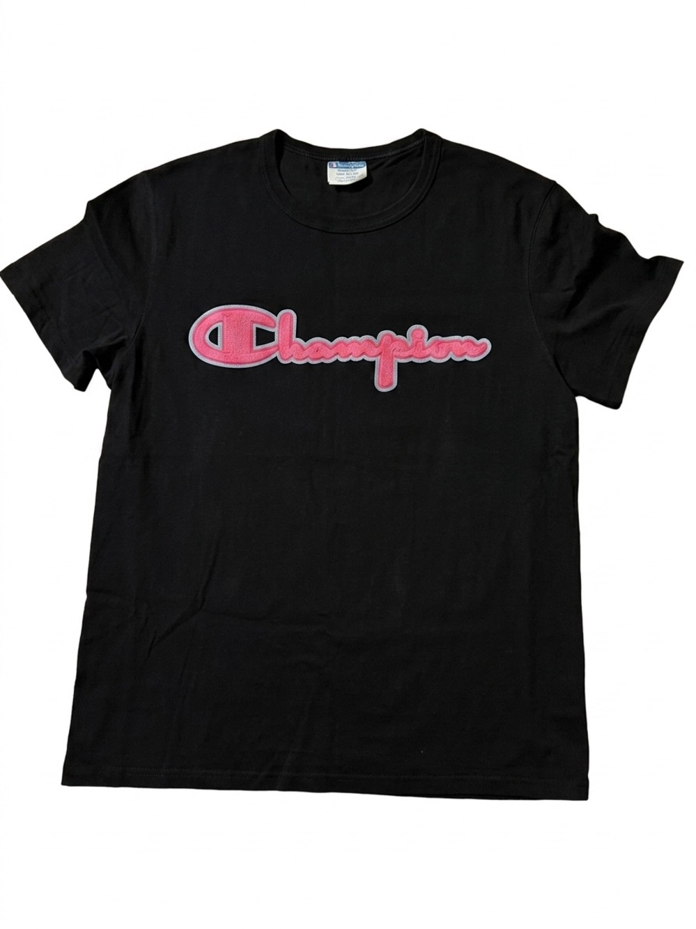 Champion Vintage Black T-Shirt with Pink Embroidered Men’s Large 100% Cotton